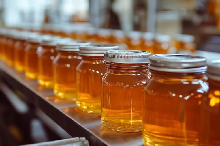 Rows of glass jars filled with pure honey during the bottling and packaging process.