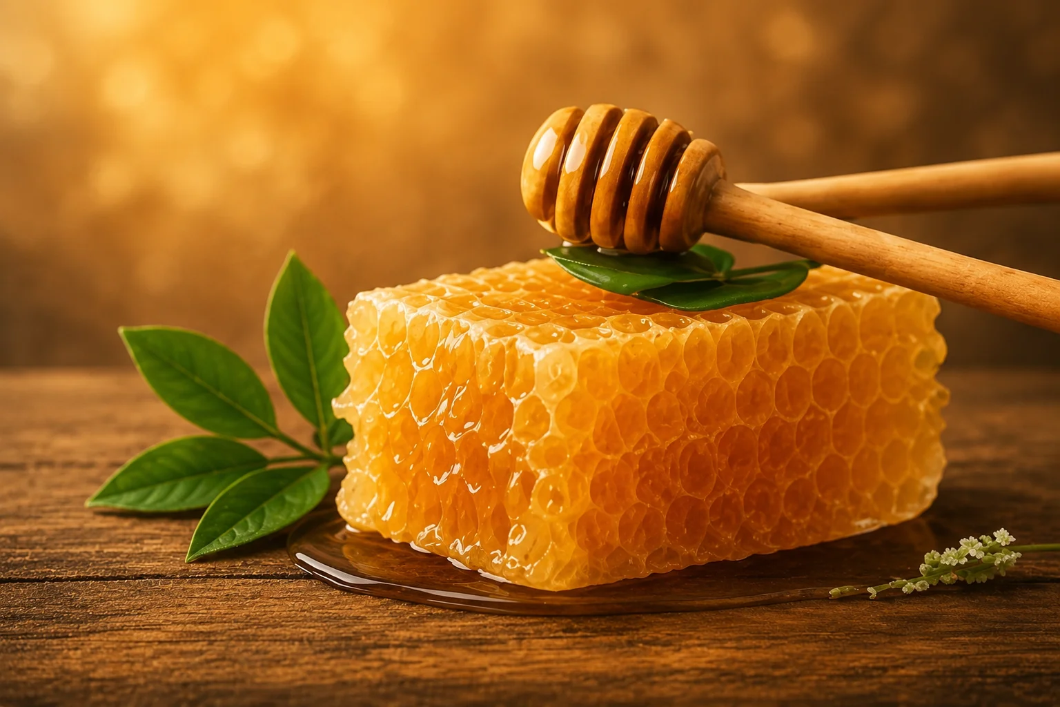 Close-up of a fresh natural honeycomb with raw honey, wooden honey dipper, green leaves, and golden honey on a rustic wooden table. Alternative ALT Texts Fresh honeycomb with dripping raw honey Natural honeycomb on wooden table Golden honeycomb with honey dipper Pure honeycomb close-up for premium honey