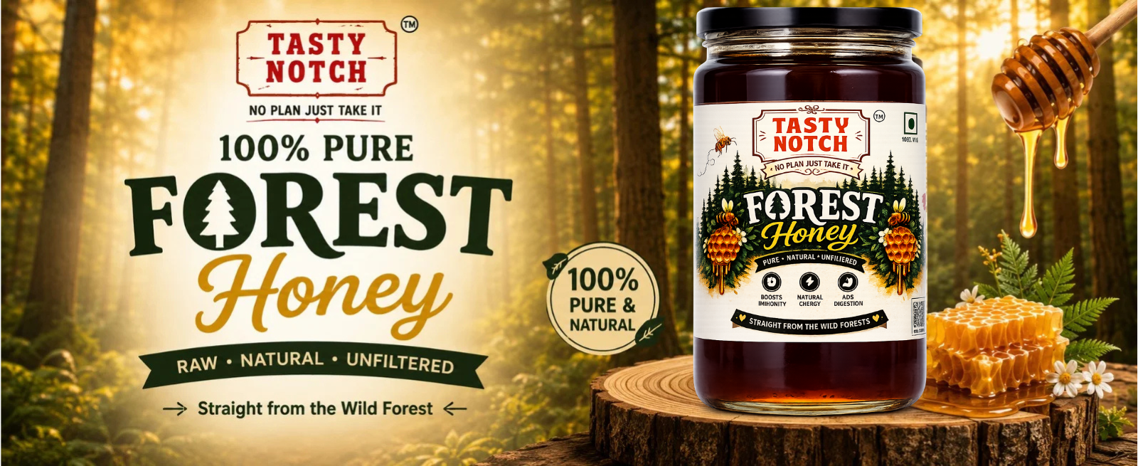Tasty Notch Forest Honey homepage banner featuring a premium glass jar of 100% pure, raw, natural, and unfiltered forest honey with honeycomb, honey dipper, and a forest background.