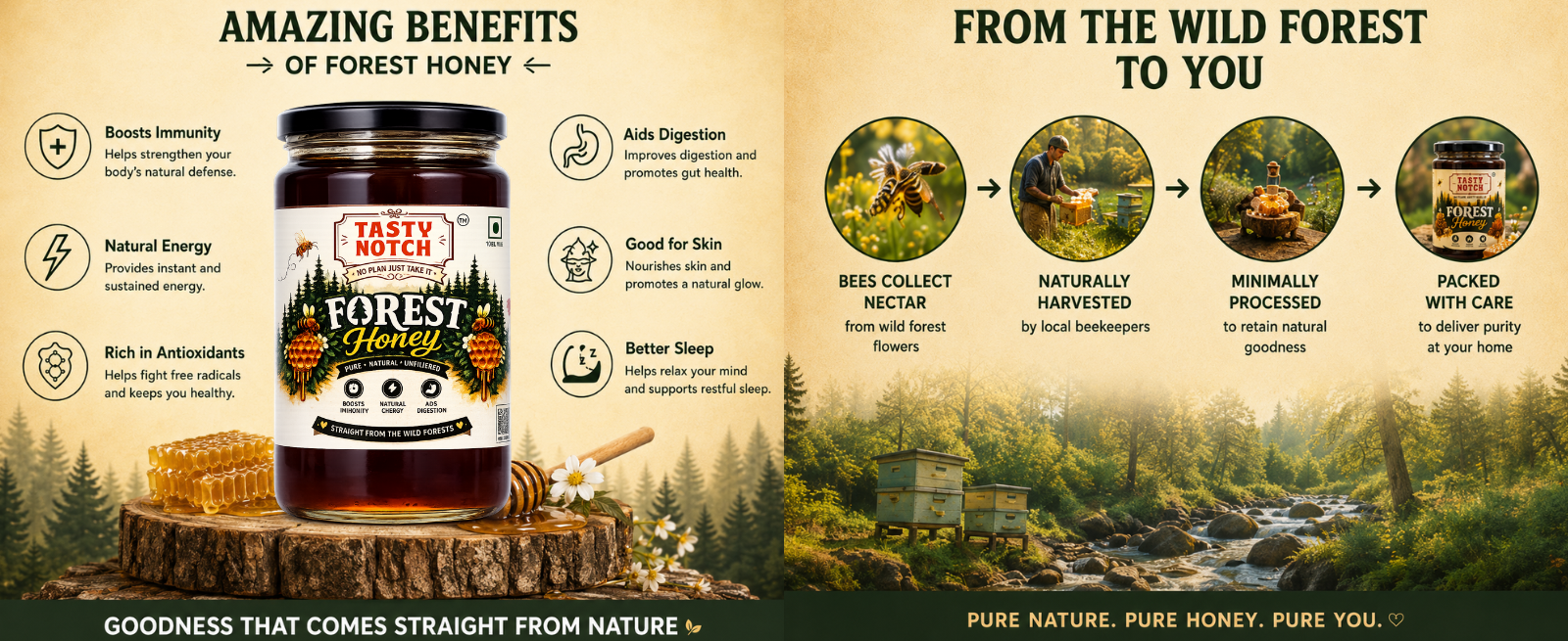 Tasty Notch Forest Honey homepage banner featuring a premium glass jar of 100% pure, raw, natural, and unfiltered forest honey with honeycomb, honey dipper, and a forest background.