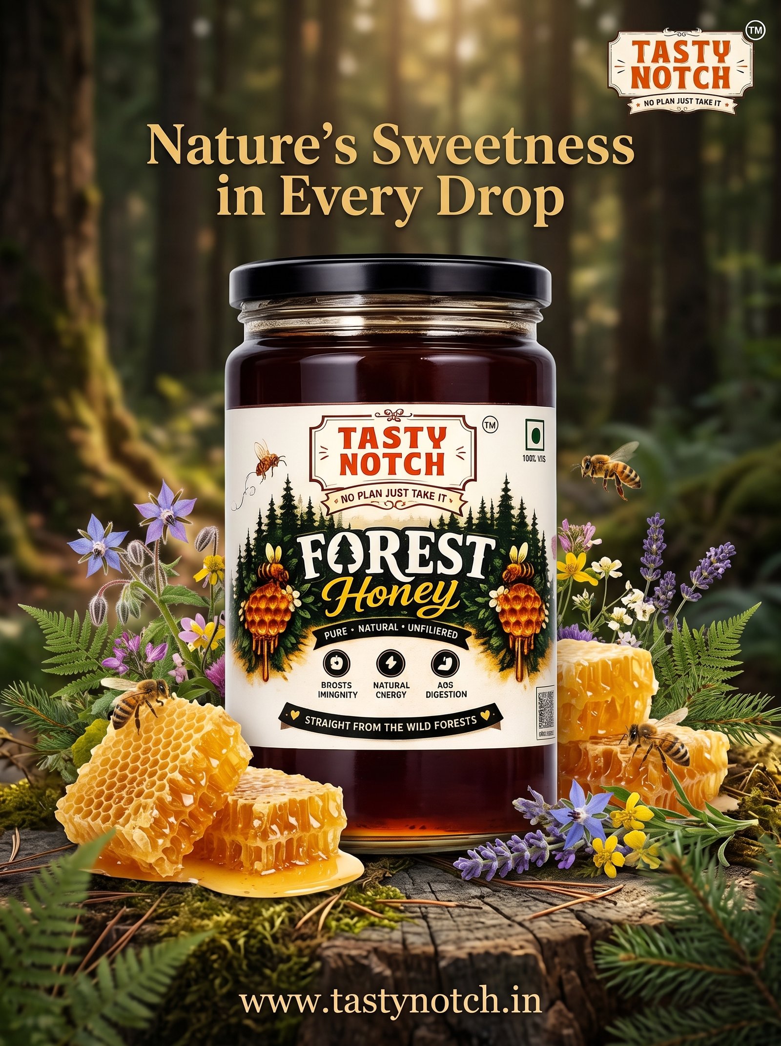 Tasty Notch Forest Honey premium glass jar surrounded by fresh honeycomb, wildflowers, bees, and a forest background with the tagline "Nature's Sweetness in Every Drop."