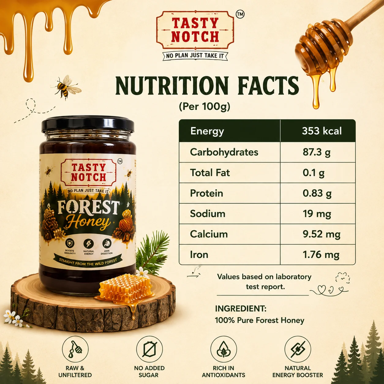 Nutrition facts label of Tasty Notch Forest Honey showing calories, carbohydrates, protein, minerals, and 100% pure forest honey ingredients.