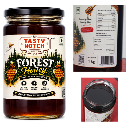 Tasty Notch Forest Honey product gallery showing front label, back label, packaging details, and glass jar.