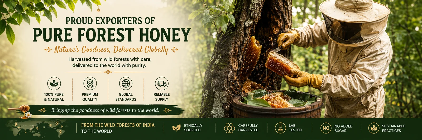 Professional beekeeper harvesting wild forest honey with Tasty Notch Pure Forest Honey export banner highlighting ethical sourcing, premium quality, and global supply.